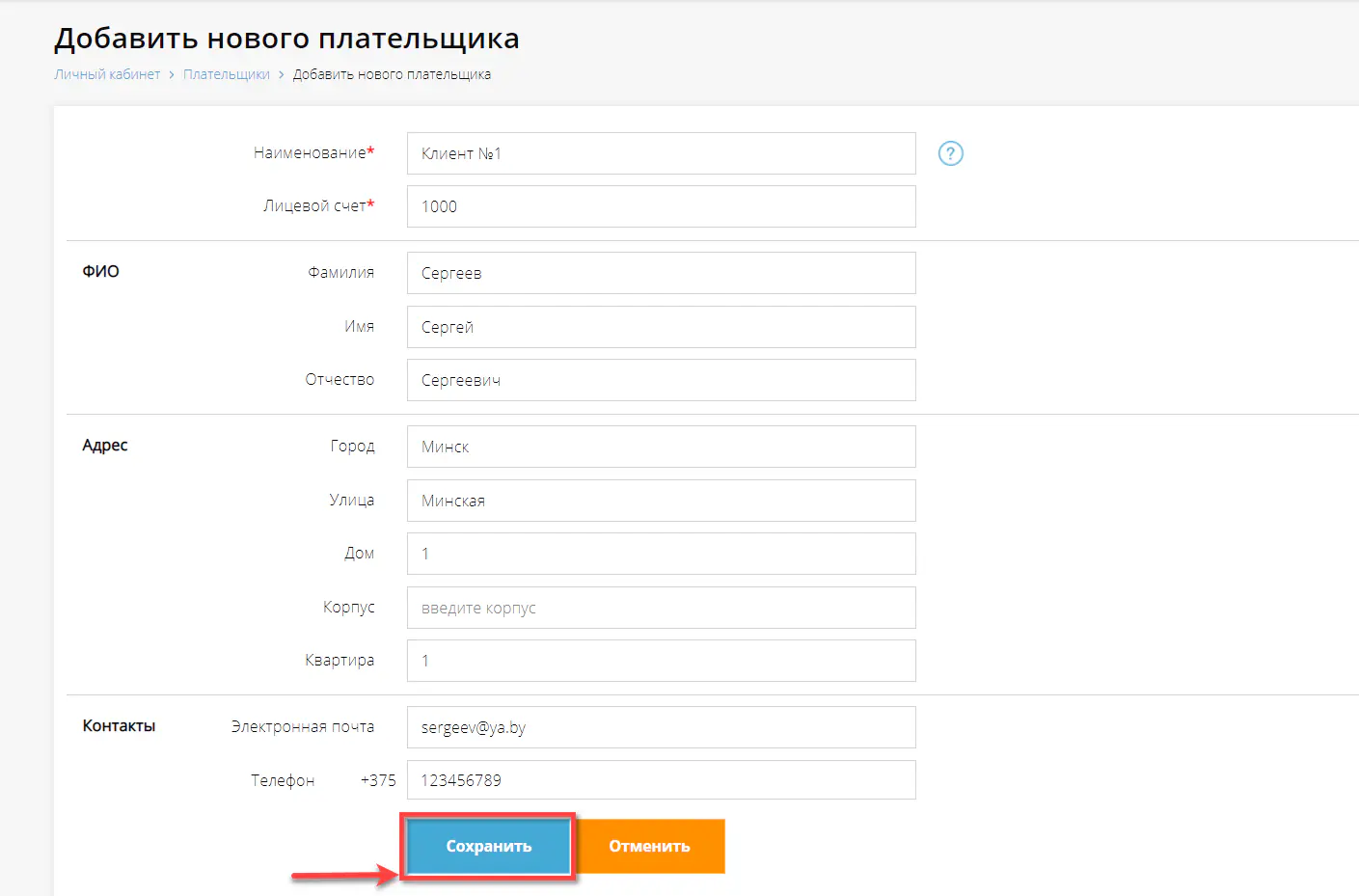 Ввод и сохранение данных нового плательщика